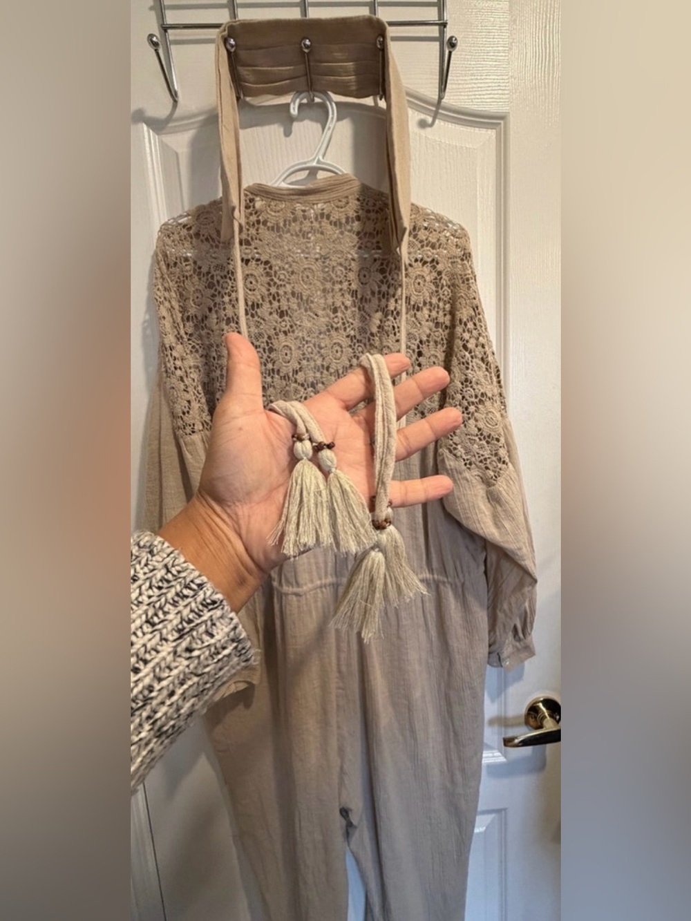Free People Tan Button-Front Jumpsuit with Lace Back - Picture 8 of 8